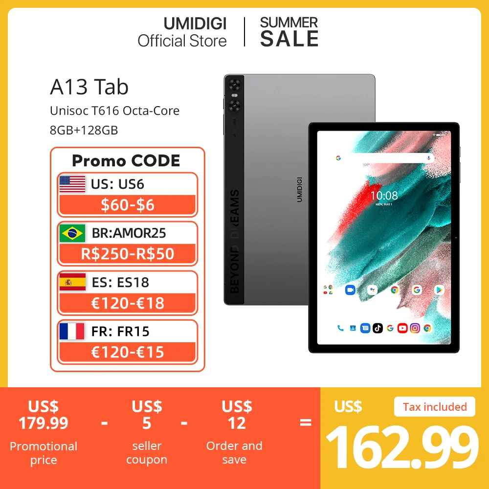  NEW ARRIVAL UMIDIGI A13 Tab Smart Tablet Android 13 8GB+128GB 10.51" FHD+ Display 7500mAh Mega Battery Unisoc T616 Cellphone 