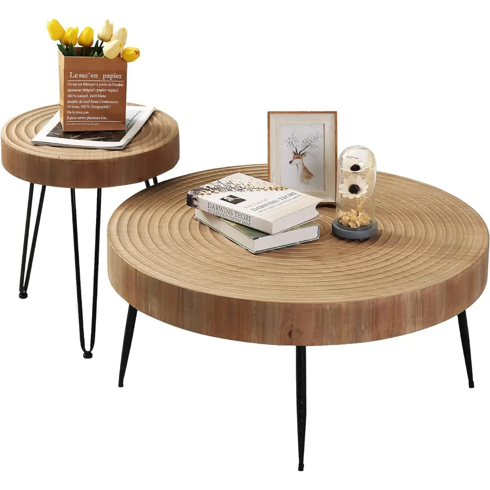 

Farmhouse Round Coffee Table Set of 2, Cocktail Table Set, Modern Circle Natural Wood Finsh Side and End Table Sets