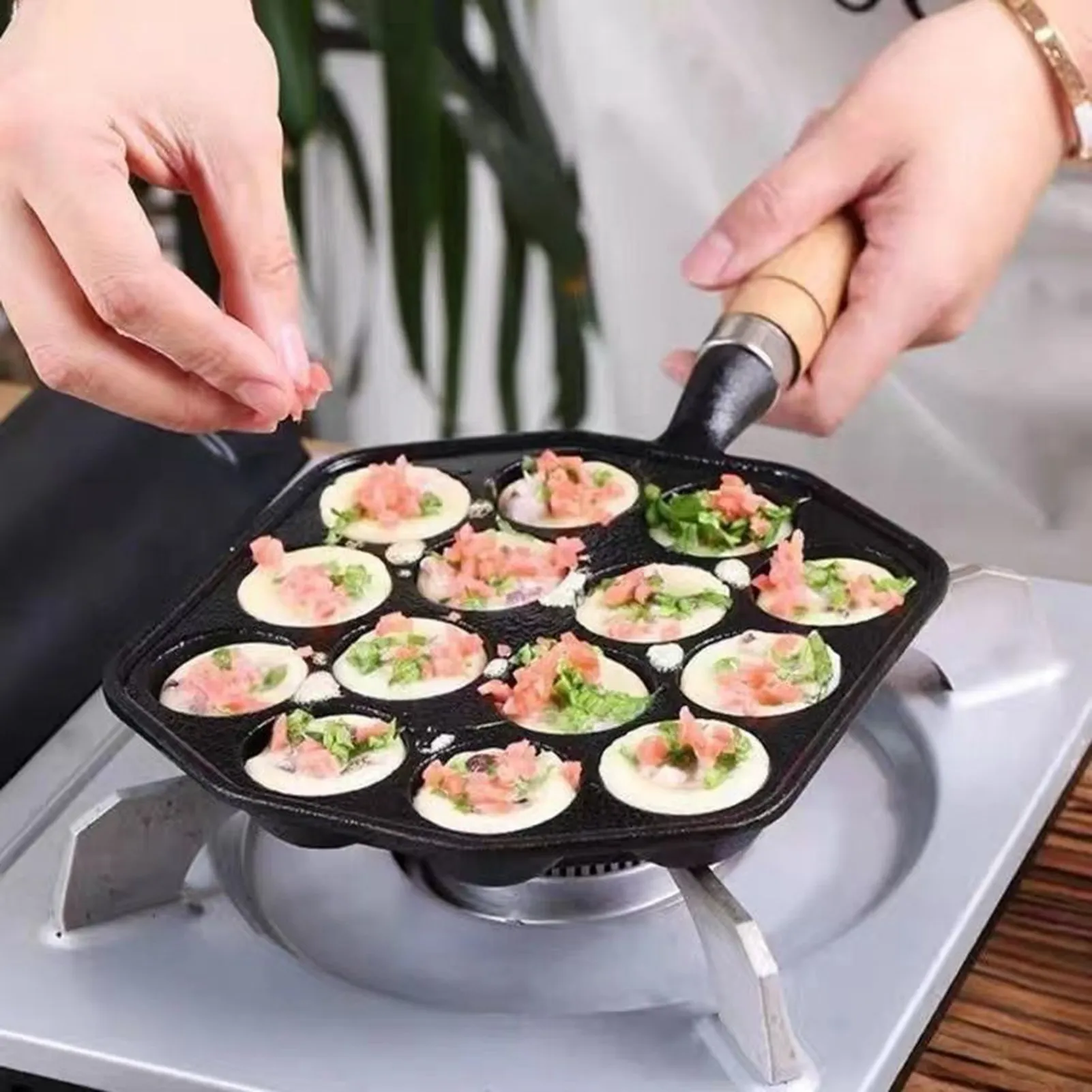 14 Holes Iron Takoyaki Pan with Wooden Handle