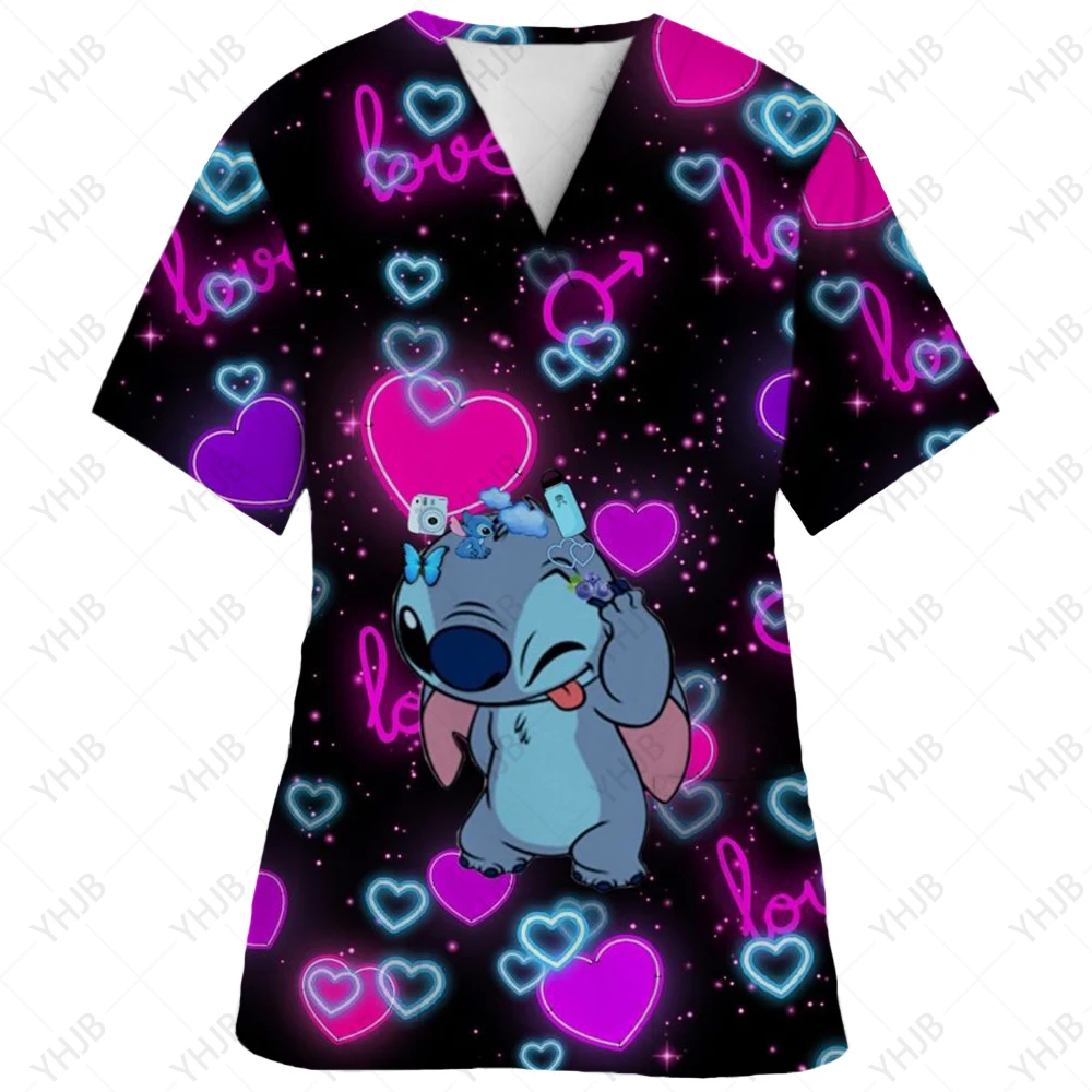thumbnail image 1 of Uniforme de trabajo con estampado de Mickey Mouse de Disney, blusa de enfermera de manga corta con cuello en V para mujer, ropa de trabajo de enfermera, blusa médica, 1 of 4