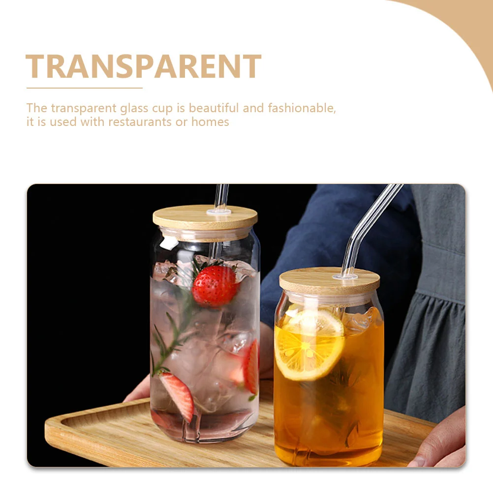 2 Pcs Straw Glass Cups Bamboo Lid Cold Cup Heat Resistant Glass Can Drinking Glasses Kitchen Bar Jar Containers