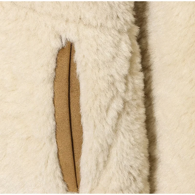 Wende-Lammfelljacke für Damen, Beige, Braun, zweiseitig, Stehkragen, Knopfverschluss, Taschenmantel, 2022, Herbst, Damen-Freizeitkleidung – Detail 15