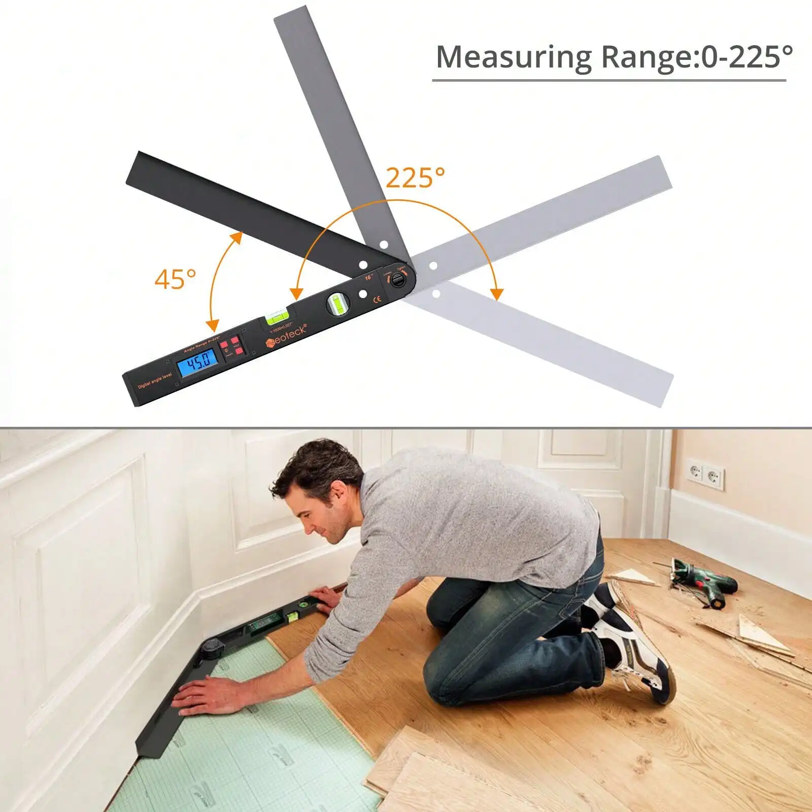 0~225&deg; LCD Digital Protractor Spirit Level Angle Finder Gauge Meter 400mm with Backlight for Measure Horizontal Vertical Angle