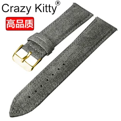 Genuine Leather Cowboy - Style Quick Release Watch Strap - Fabric Accent - 20mm quick release (Grey - gold)