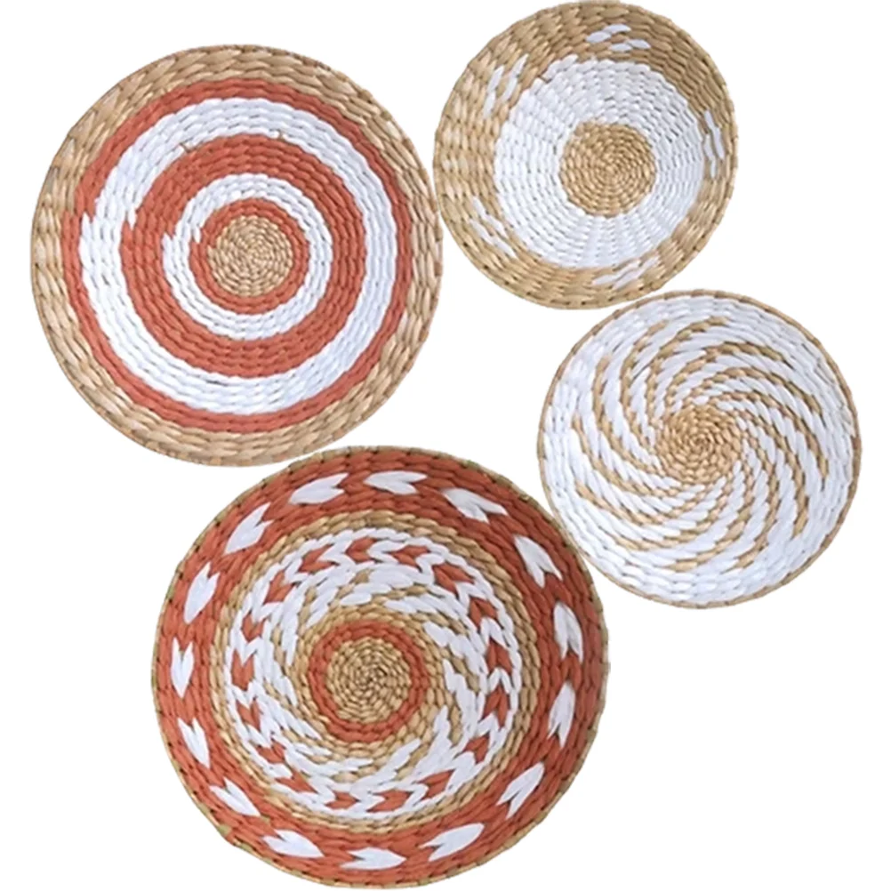 4 Pcs Wall Decoration Plates Bright Colorful Patterns Woven Basket Decorations Straw Hanging Nordic Style Home naments