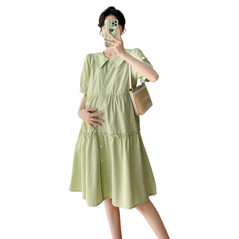 

2024 Korean Style Turn-down Collar Maternity Dress Solid Color Ruffle Patchwork Pregnant Woman Ball Gown Dress Pregnancy Clothes