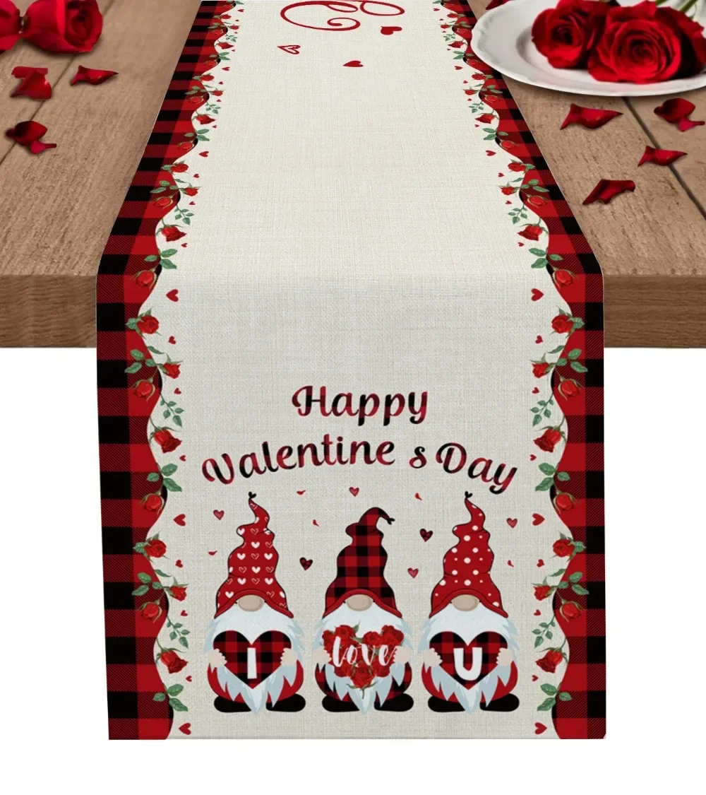 

Valentine'S Day Gnome Love Roses Custom Table Runner Wedding Dining Decoration Holiday Dining Tablecloth