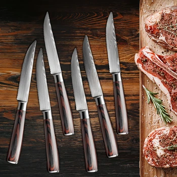 2/4/6/8-P High Hardness 4.5"laser Pattern Damascus Steak Knife Set Kitchen Stainless Steel With Wooden Handle High-quality Fork 5