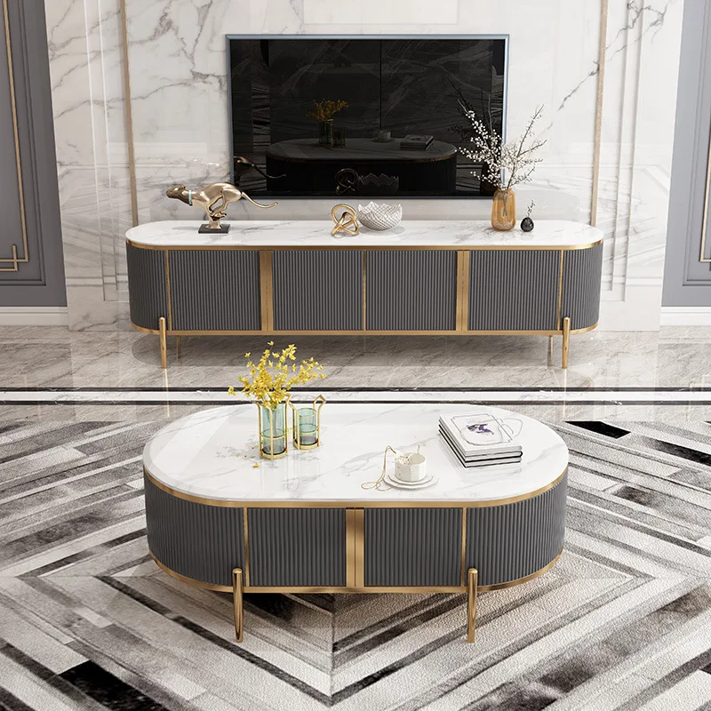Elegant Living Room Golden Modern Design Furniture Tv Stand and Coffee Table With Marble Top Stainless Steel Leg