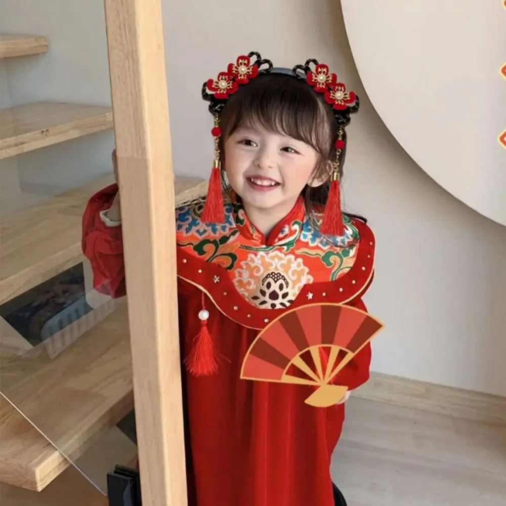 Flower Children Wig Headband Braid Hair Tang Suit Hair Hoop Chinese New Year Headwear Ancient Style Tassel Red Bow Hairband Baby