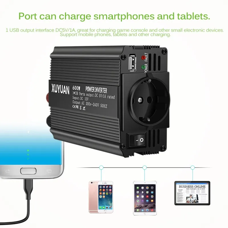 

Автомобильный преобразователь для зарядного устройства, адаптер 600 Вт, автомобильный инвертор мощности, модифицированный синусоидальный сигнал постоянного тока 12 В в 220 В, трансформатор, преобразователь, конвертер