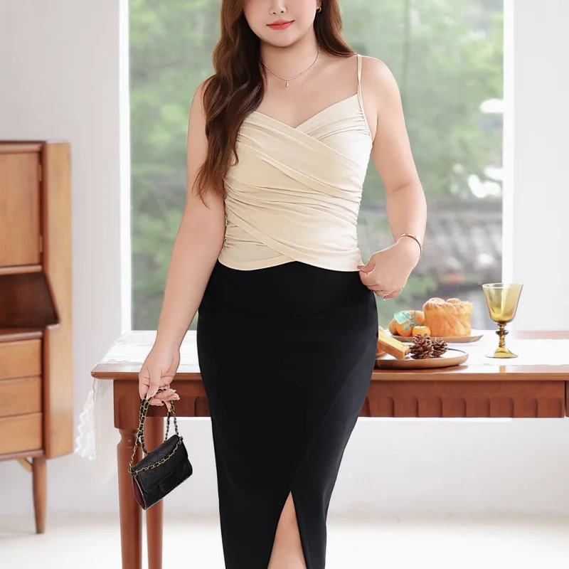 Pleated Cross-Shaped V-neck Knitted Camis Plus Size Women Premium French Hot Girl Spaghetti Strap Modal Slim Tops