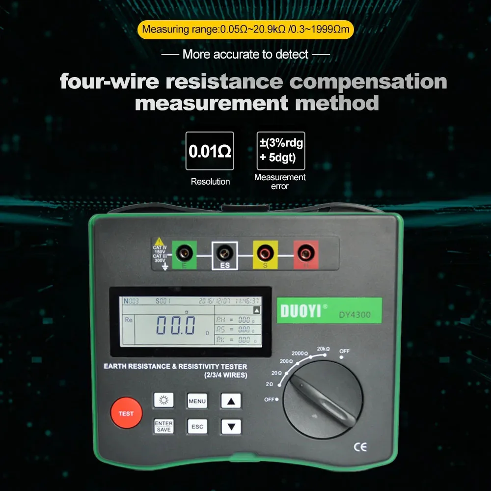 DY4300 Digital Earth Tester Ground Resistance Soil Resistivity Component Tester 0~20.99k&Omega;