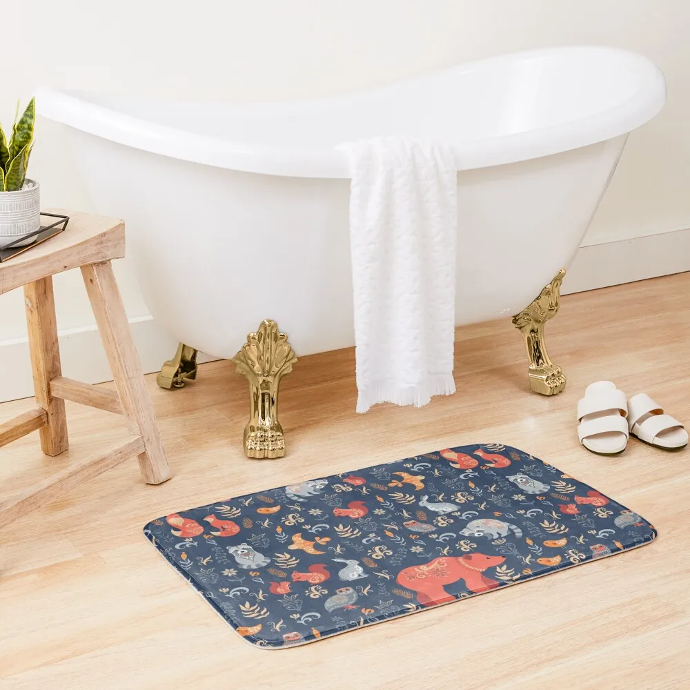 

Fairy-tale forest. Fox, bear, raccoon, owls, rabbits, flowers and herbs on a blue background. Bath Mat Bathroom Use Mat