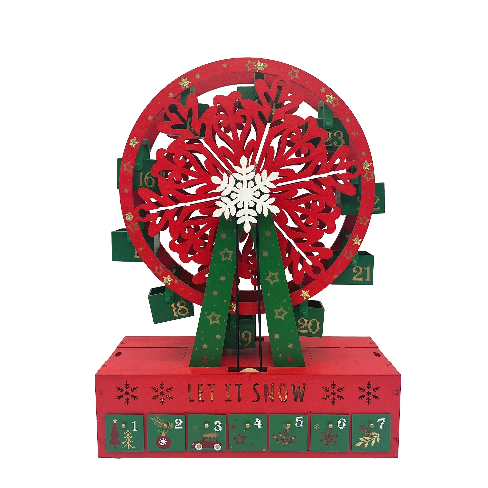 

Christmas Wooden Ferris Wheel Advent Calendar Driven by Electric Motor with 24 Drawers and LED for Adults and Kids