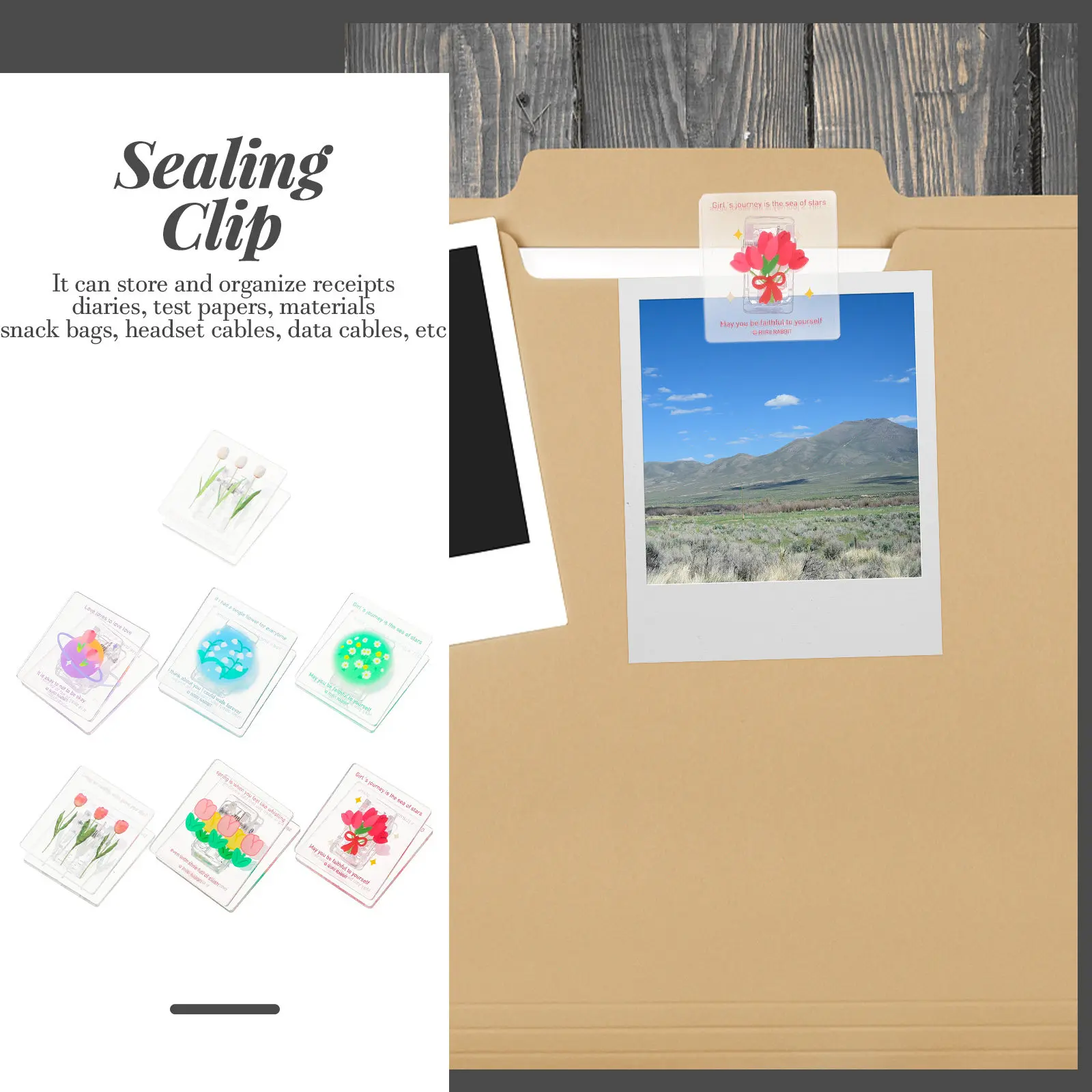 7Pcs 파일 클립 꽃 패턴 아크릴 클램프 휴대용 종이 홀더 가정용 사무실 종이 클립 정리용 강력한 그립