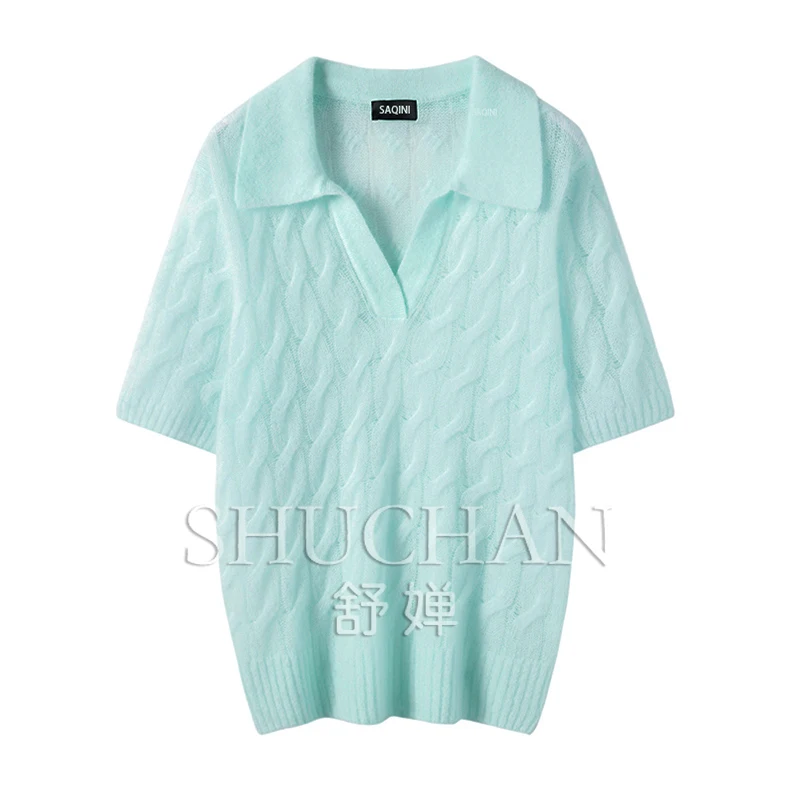

summer thin sweater women 77% cashmere new 23% natural silk blusa de frio feminina short sleeve top Polo collar