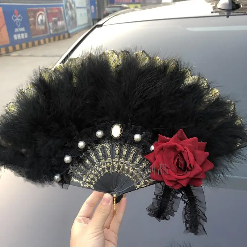 Victorian Gothic Folding Fan with Peacock Feathers and Roses for Photo Props Lolita Fashion Wedding Decor Halloween Costume