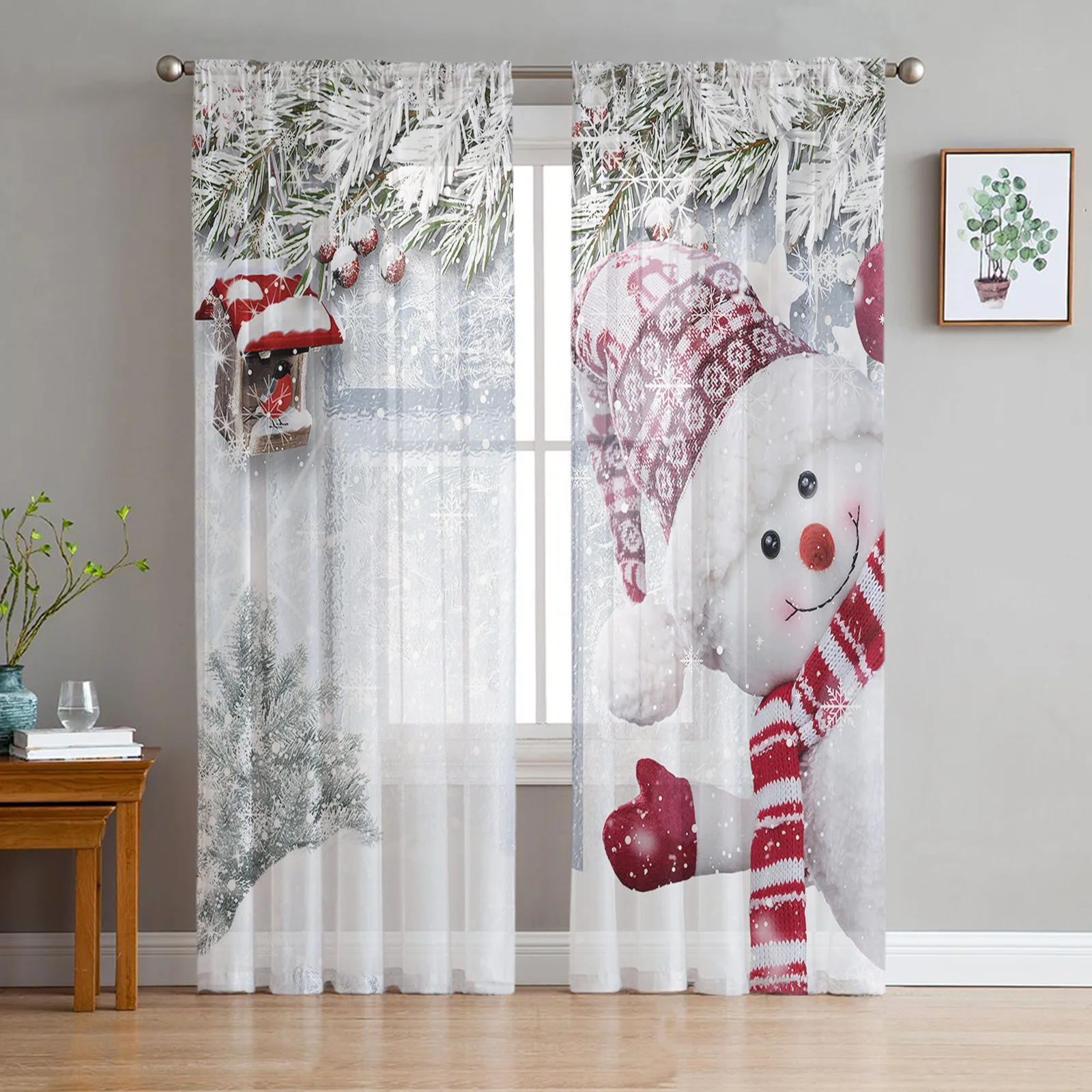 

Christmas Winter Snow Scene Snowman Window Tulle Curtains for Living Room Kitchen Christmas Home Decor Sheer Voile Curtains