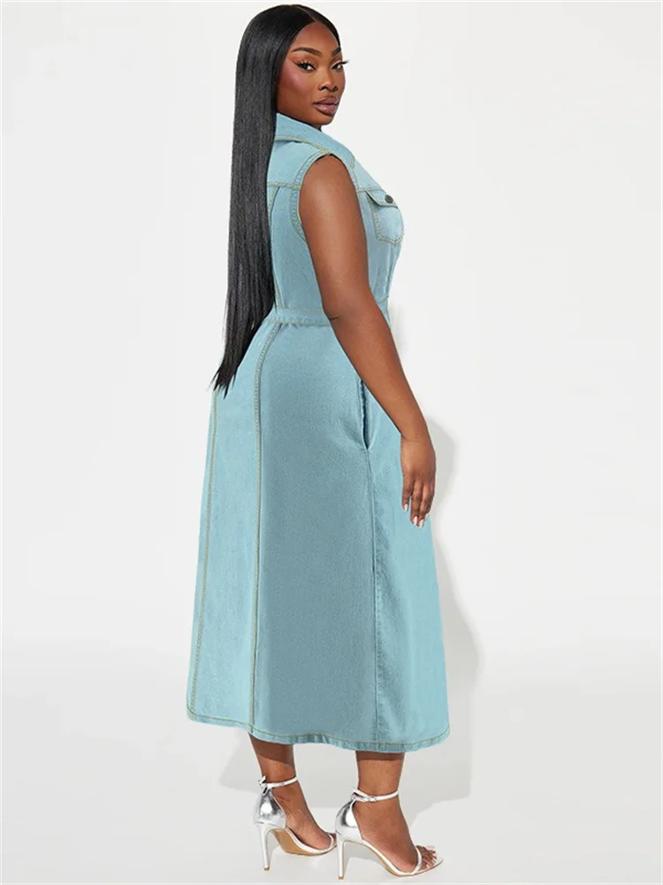 Wmstar Denim Plus Size Dresses for Women Summer 2024 Solid Button Elegant Shirts Maxi Dress Wholesale Dropshipping with Bandage