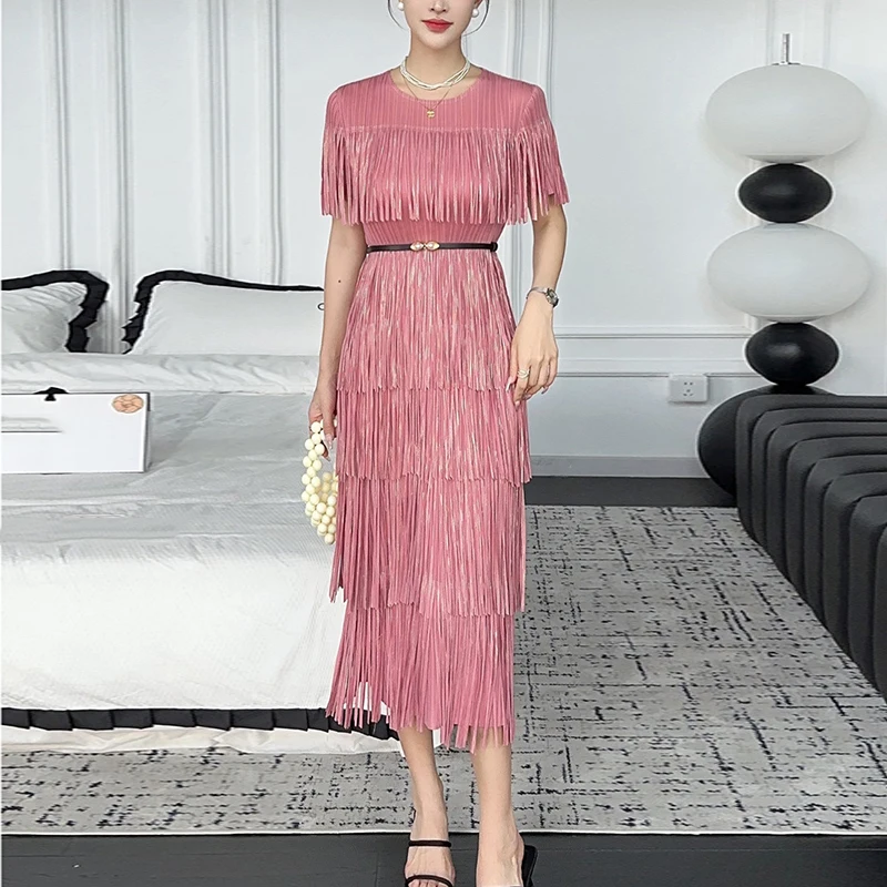LANMREM Pleated Tassel Patchwork Deisn Summer Dress For Women 2025 New Round Collar Short Sleeve Slim Fit Dresses Chic 2DB2847 - Image 3