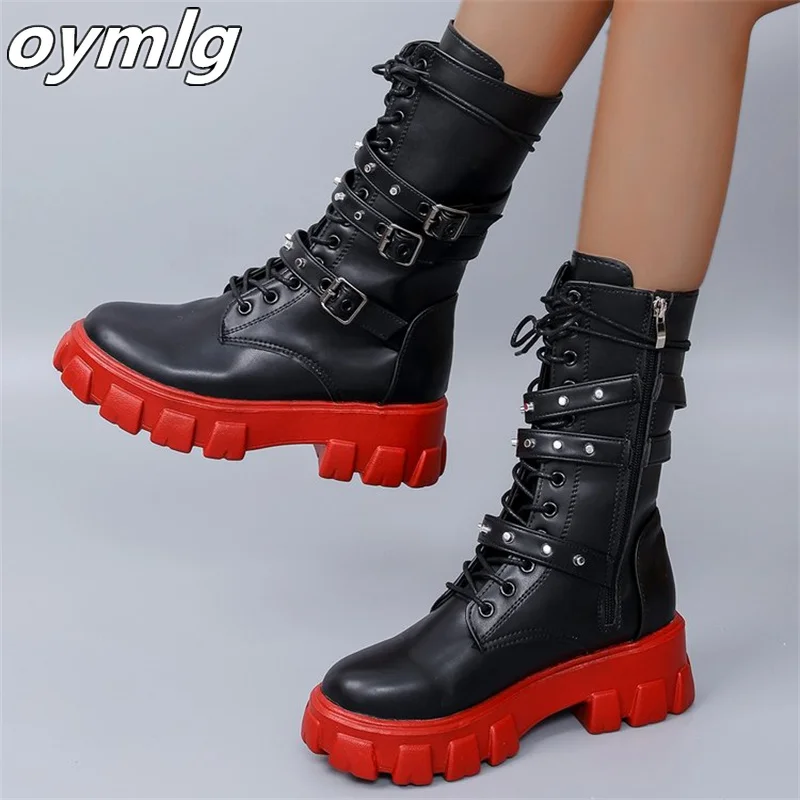 Motorcycle Boots Large Belt Buckle Metal Thick Bottom Side Zipper Fashion Versatile Knight Women's Boots Stock womens shoes