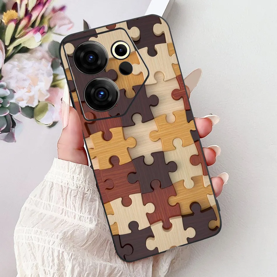 Tecno Camon 20 Premier Elegant Floral Cat Design Black Silicone Phone Case