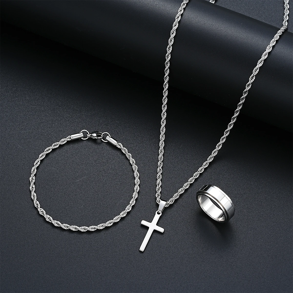 Stainless Steel Simple Jewelry Set For Men Women Fashion Silver Color Cross Pendant Twisted Rope Necklace Bracelets Ring Gifts