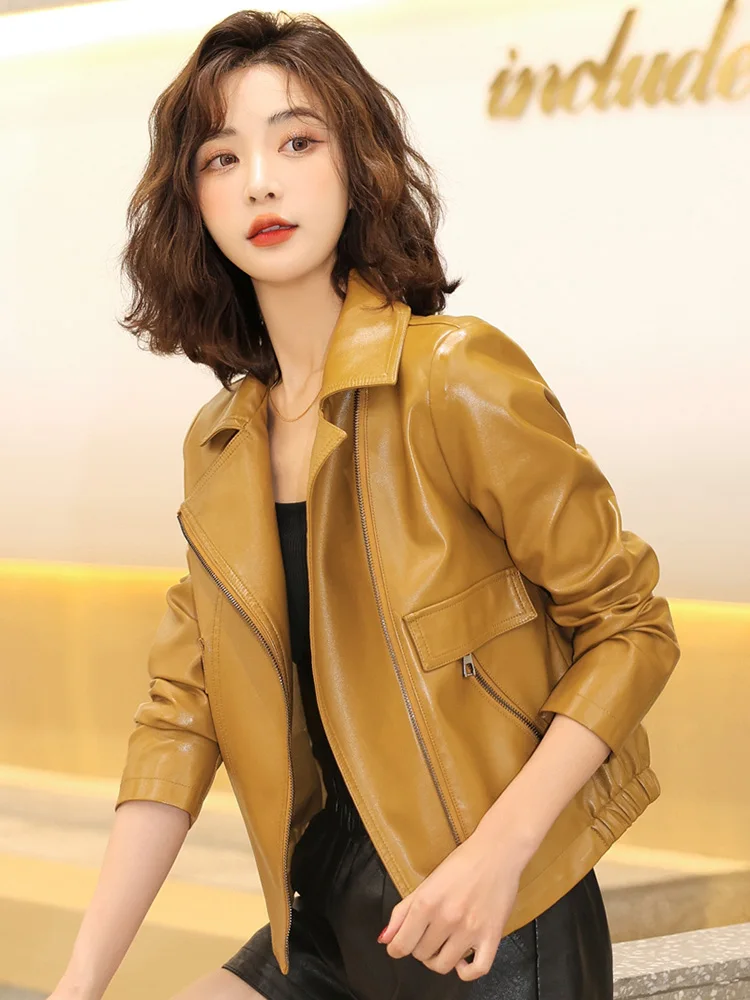 New Women Casual Leather Jacket Spring Autumn Fashion Suit Collar Sheepskin Short Coat Split Leather Loose Small Outerwear