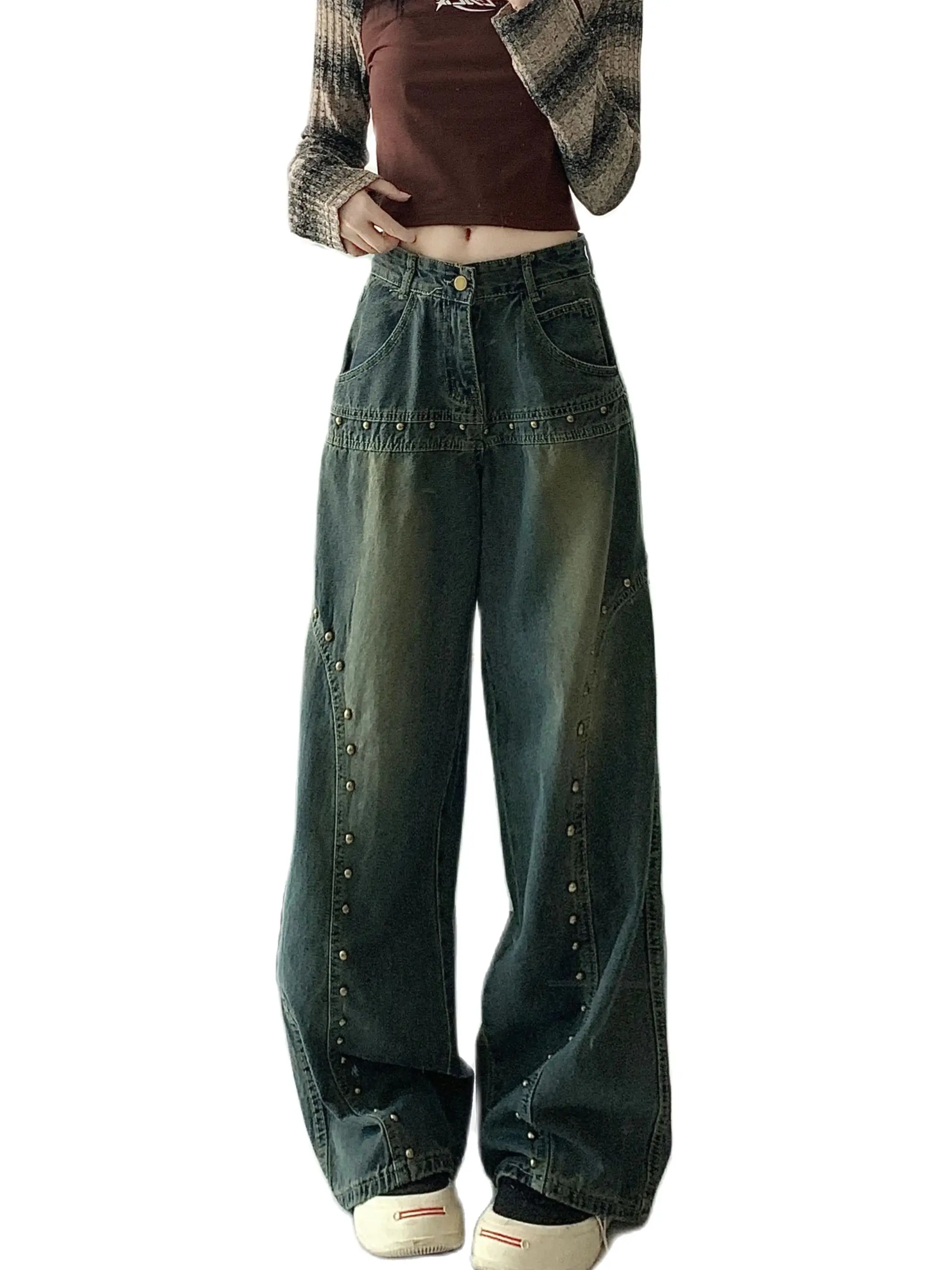 

Женские винтажные мешковатые джинсы, синие джинсовые брюки с завышенной талией в стиле Харадзюку 1950-х, Y2k, широкие брюки в стиле 90-х, одежда с песочным рисунком, 2000