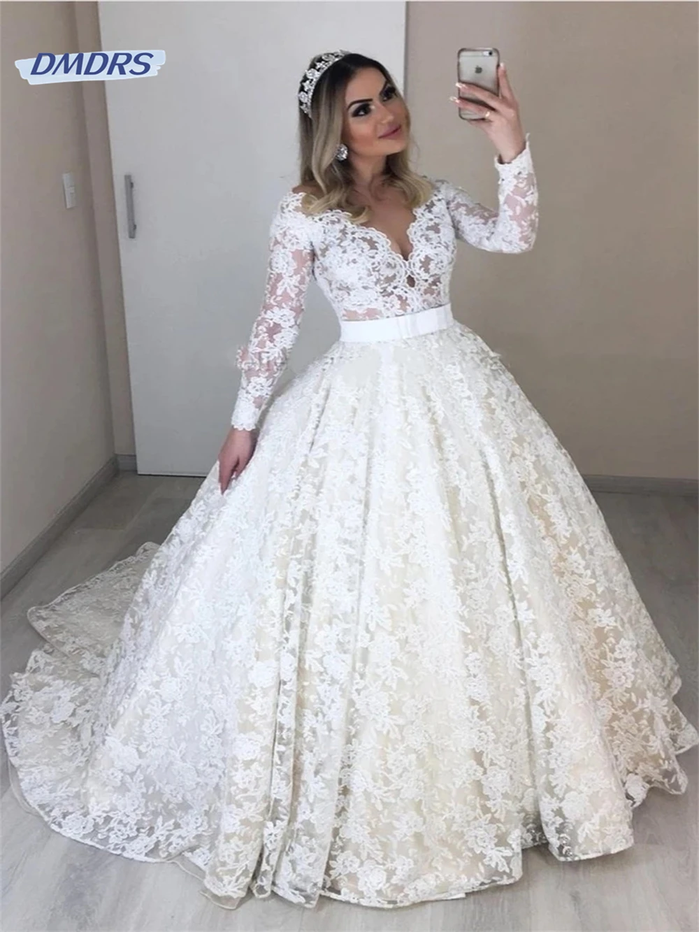 

Pastrol Deep V-neck Lace Dress For Bride Romantic A-line Long Sleeve Bridal Veil Bohemian Vestidos De Novia
