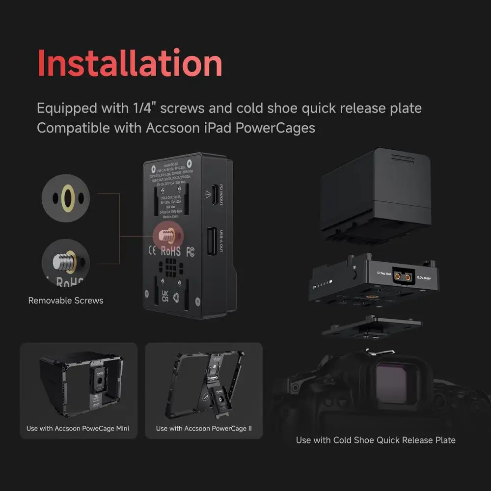 Accsoon TOPRIG BP-A 배터리 플레이트 고속 충전 어댑터 마운트 30W PD 출력 USB-C 1/4인치 나사 (캐논 BP-A30 BP-A60 BP-A90 호환)
