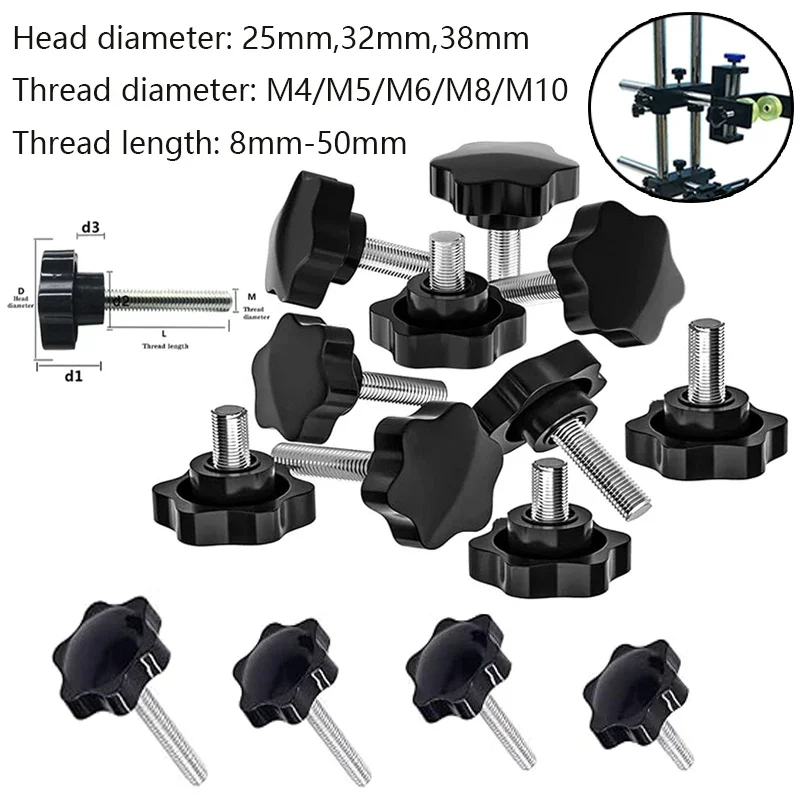 Hex Star Knob Male Thread Clamp Knob Screws 5pcs/10pcs M4/M5/M6/M8/M10 Hand Tighten Release Screws Head diameter 25mm 32mm 38mm