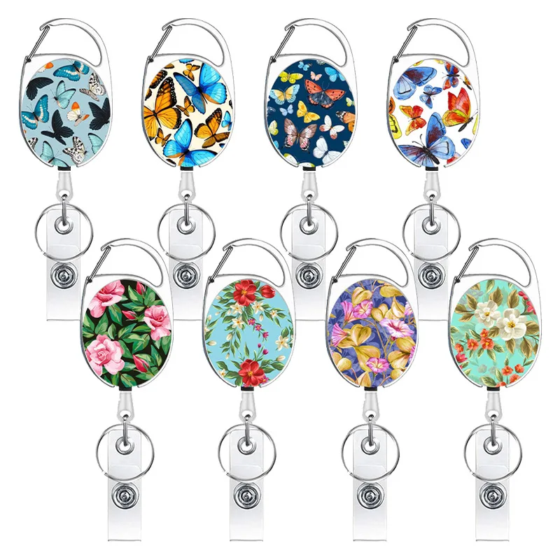 Zinc Alloy Butterfly Flower Series Printing Easy Pull Button Retractable Key Chain Badge Clip Lanyard Card Holder Organizer