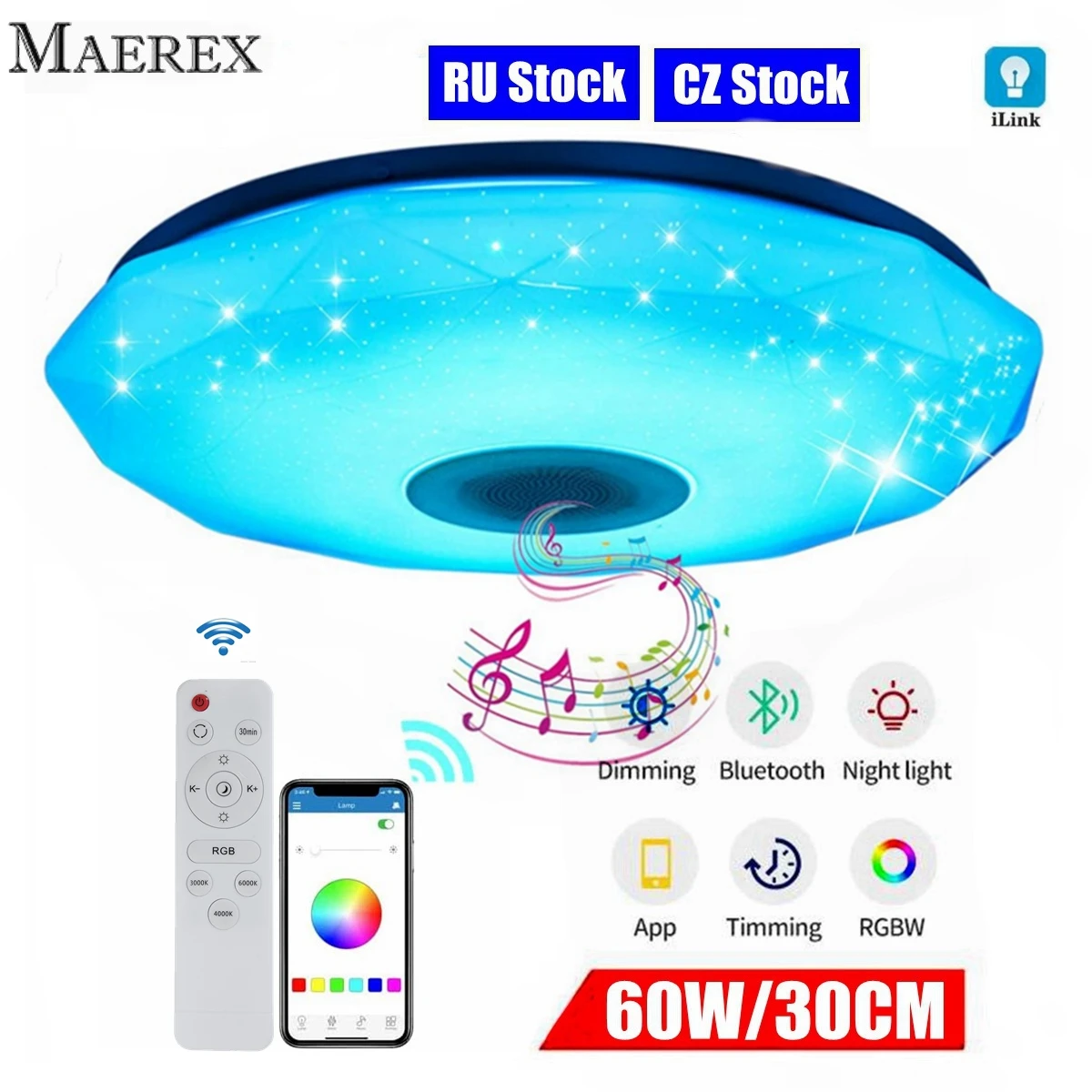 60W RGB Dimmable Music Ceiling lamp Remote&APP control Ceiling Lights AC180-265V for Home bluetooth speaker lighting Fixture