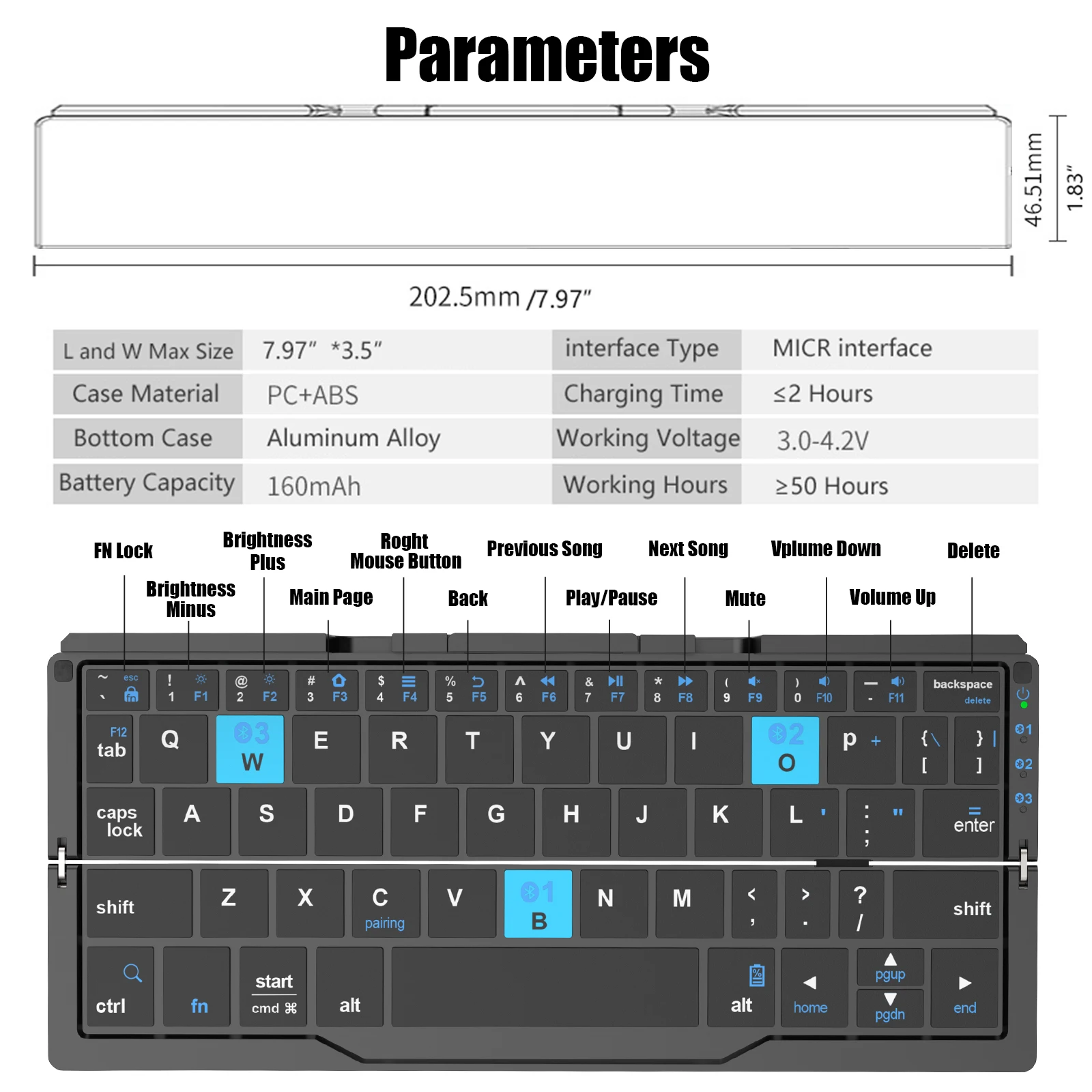 Wireless Folding Keyboard for iPads Phones Tablet