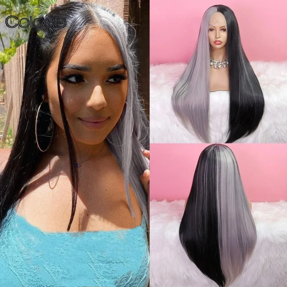 

COLODO Black Grey Synthetic Lace Front Wig Heat Reistant Long Straight Transparent Lace Wig Drag Queen Cosplay Wigs For Women