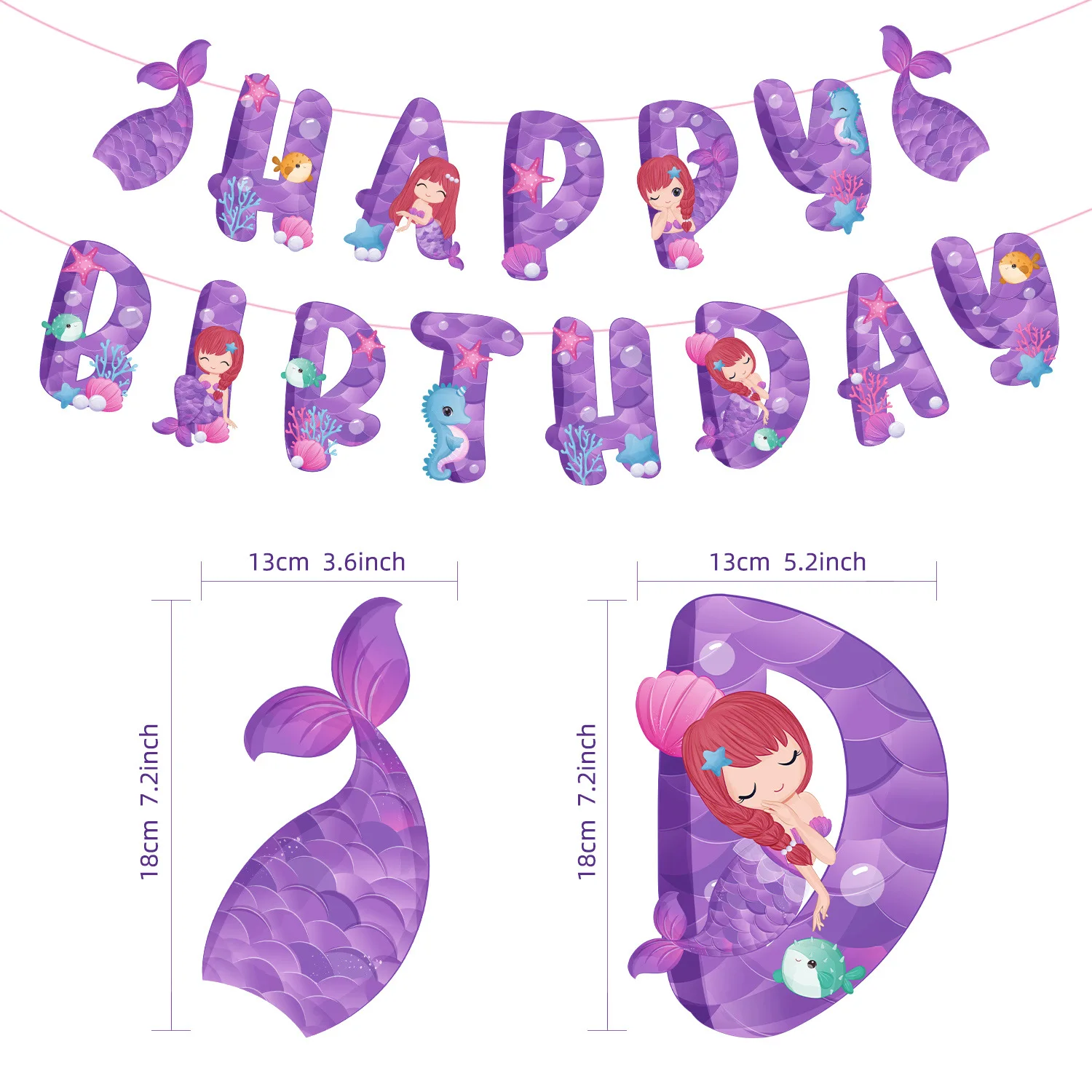 58-Piece Mermaid Birthday Party Decoration Kit - Happy Birthday Banner, Swirls, Cupcake Toppers & Cake Borders - View #7