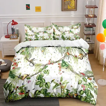 Tropical Jungle Monkey & Birds Bedding Set 3pcs, Watercolor Botanical Print Duvet Cover, Nature Themed Bed Linen for Bedroom 1