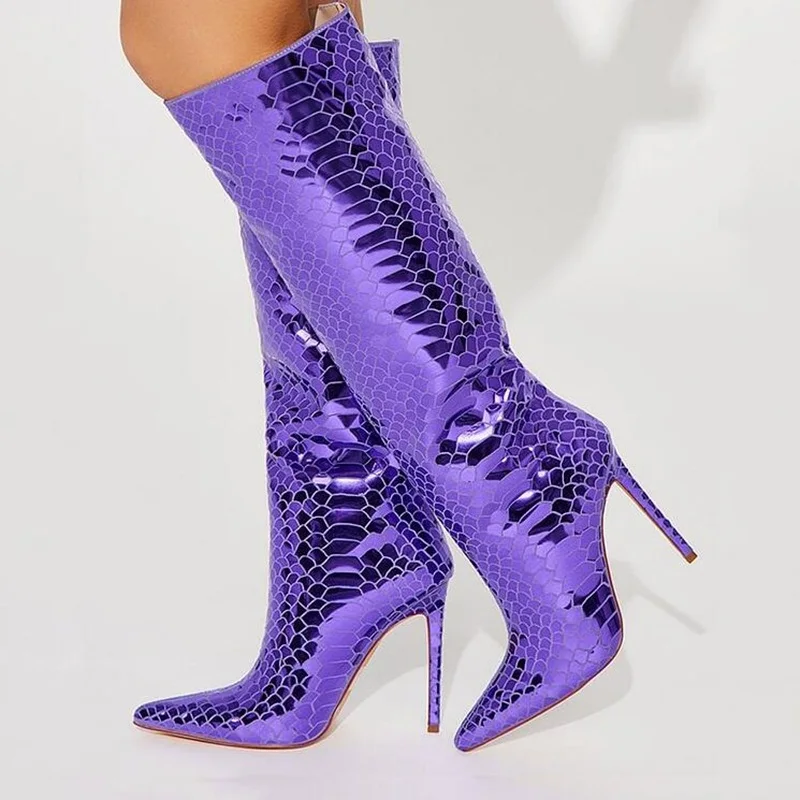 

Stylish Snakeskin Knee Boots Women's Pointed Toe Stiletto Heels Slip On Winter Tall Boot Purple Shinny Mirror Leather Footwear