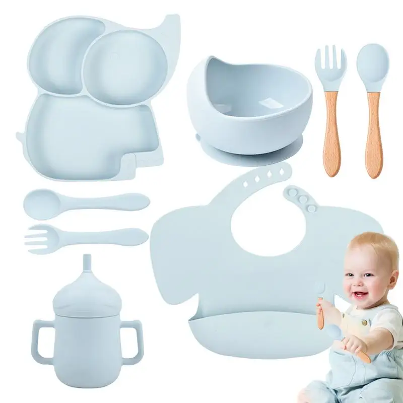 

Silicone Feeding Set For Baby Baby Plate Set Baby Led Weaning Supplies For 6 Months Kids Baby Spoon And Fork Adjustable Bib