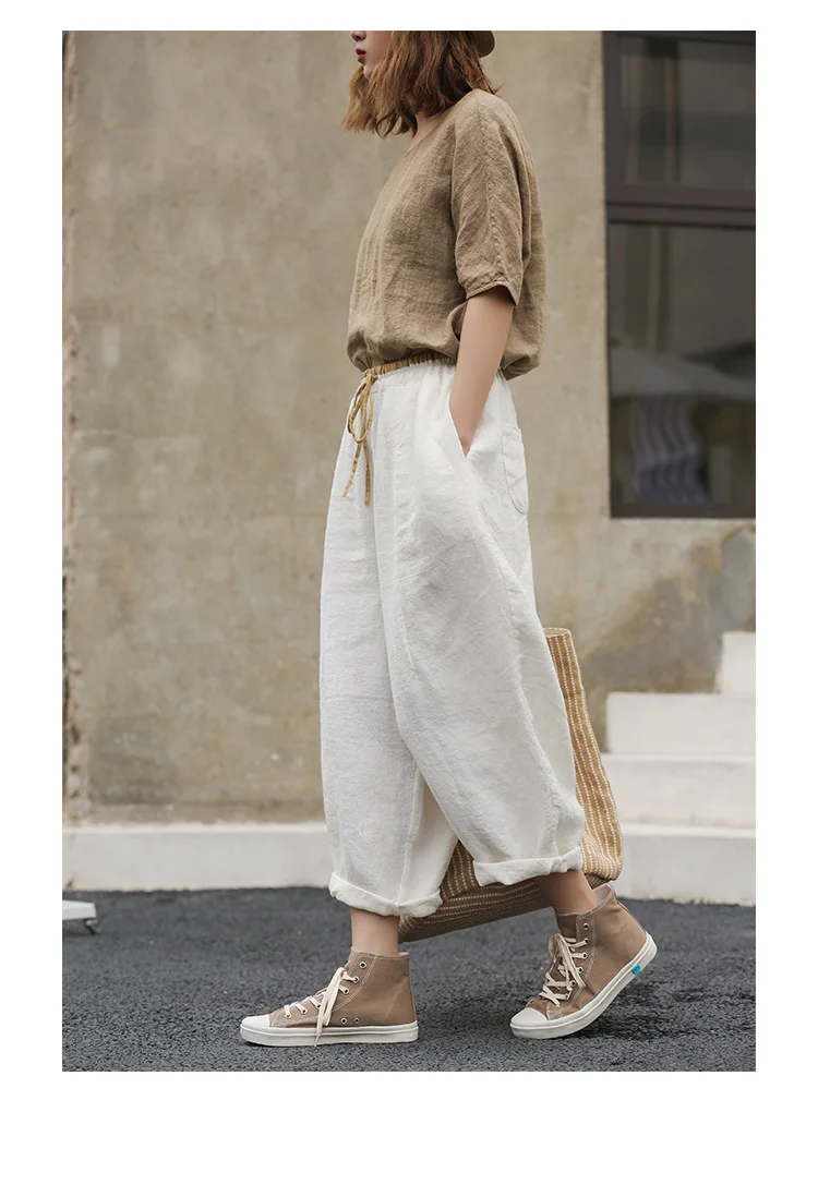 2022 Japan Style Summer Ladies Linen Loose Vintage Trousers Women Drawstring White Harem Pants Girl Oversized Pantalons MT88 crop pants for women