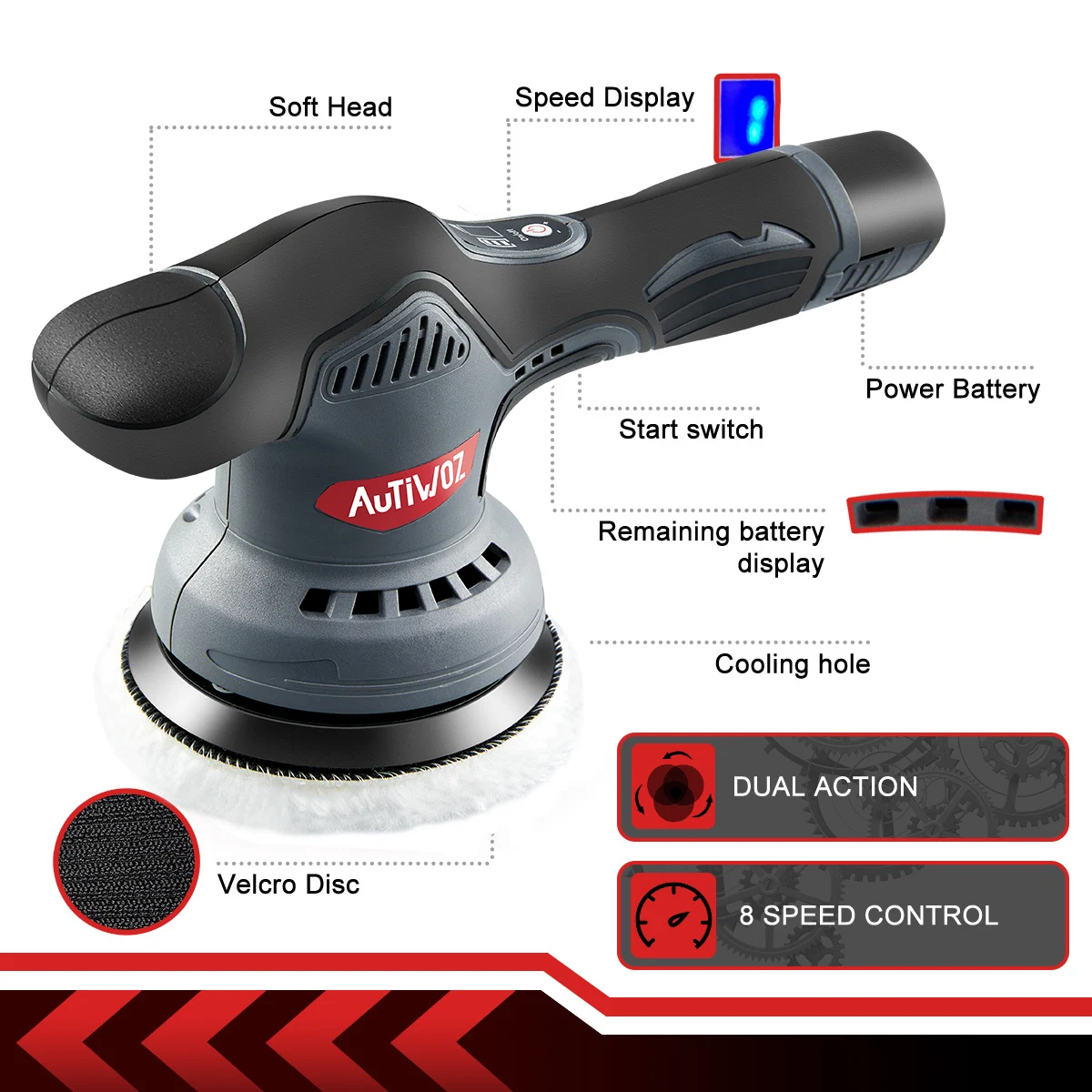 AUTIWOZ 자동차 무선 광택기 차량용 듀얼 폴리셔 폴리싱, 12V 리튬 배터리 40분, 5800rpm