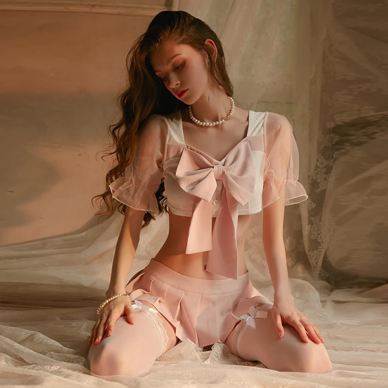 

Women Japanese Schoolgirl Cosplay Student Uniform Costumes Set Girl Sexy Lingerie Pink Adults Halloween Femme Mini Pleated Skirt