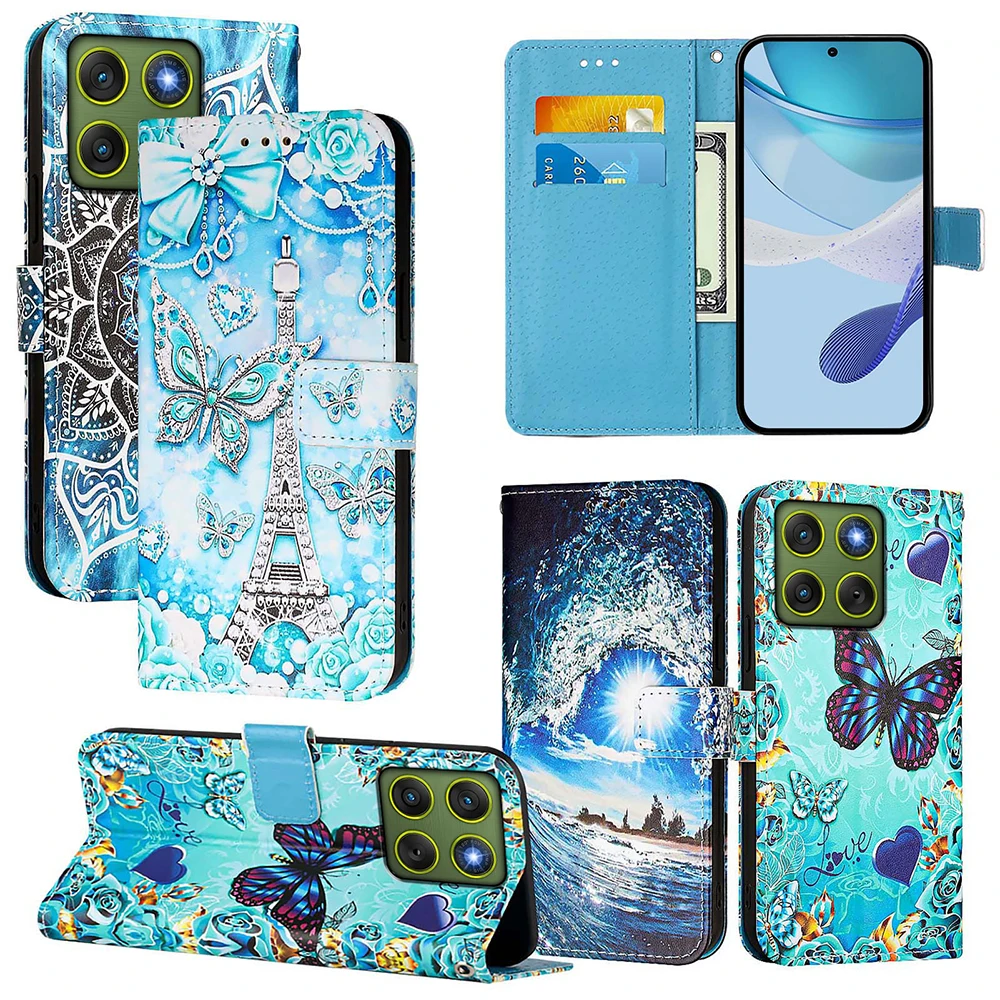 Chic Painted PU Leather Flip Phone Case with Wallet Stand and Card Holder Strap