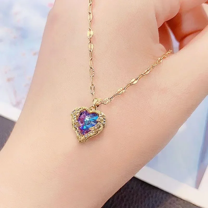 Luxury Colorful Crystal Ocean Heart Pendant Necklace Female Wedding Neck Chain For Women Jewelry
