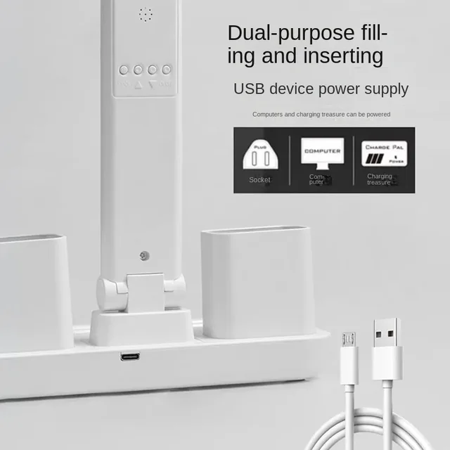 Lampada da scrivania per studenti con orologio a LED, lampada da lettura dimmerabile per la cura degli occhi, ricaricabile tramite USB e plug-in CA, doppia testa 180 °   Girevole per 2