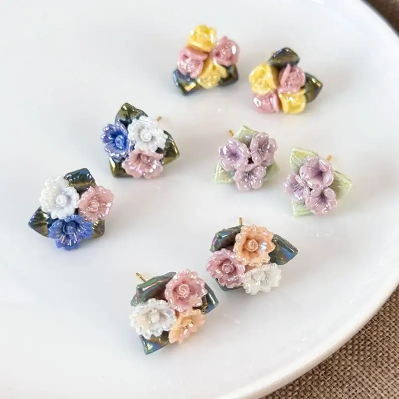 T8UE Stylish Ceramic Rose Earrings Portable for Women Porcelain Floral Jewelry 2