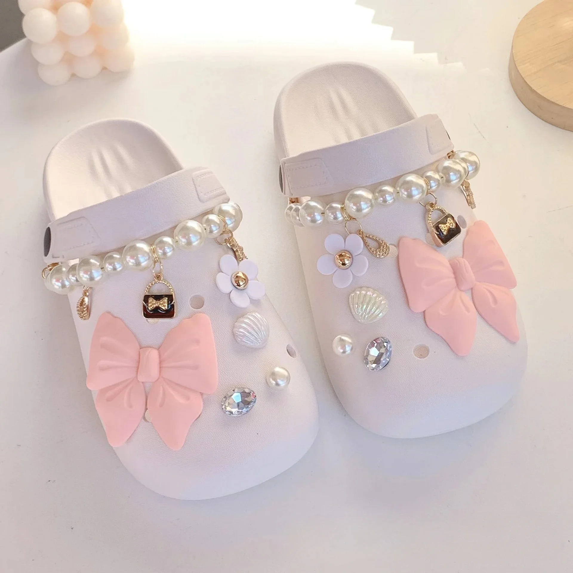

Originality Pearl Maiden Pink Bow Flower for Croc Charm DIY Shoes Buckle Decaration for Crocs Charms Clogs Women Girls Gifts
