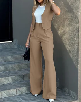 Women Elegant Work Trousers Sets Two-Piece Outfits Temperament Commuting Buttoned Vest Top & Wide Leg Pants Set for Women's Wear 1